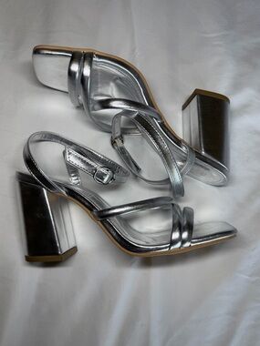 Metallic Silver Strappy Block Heel
